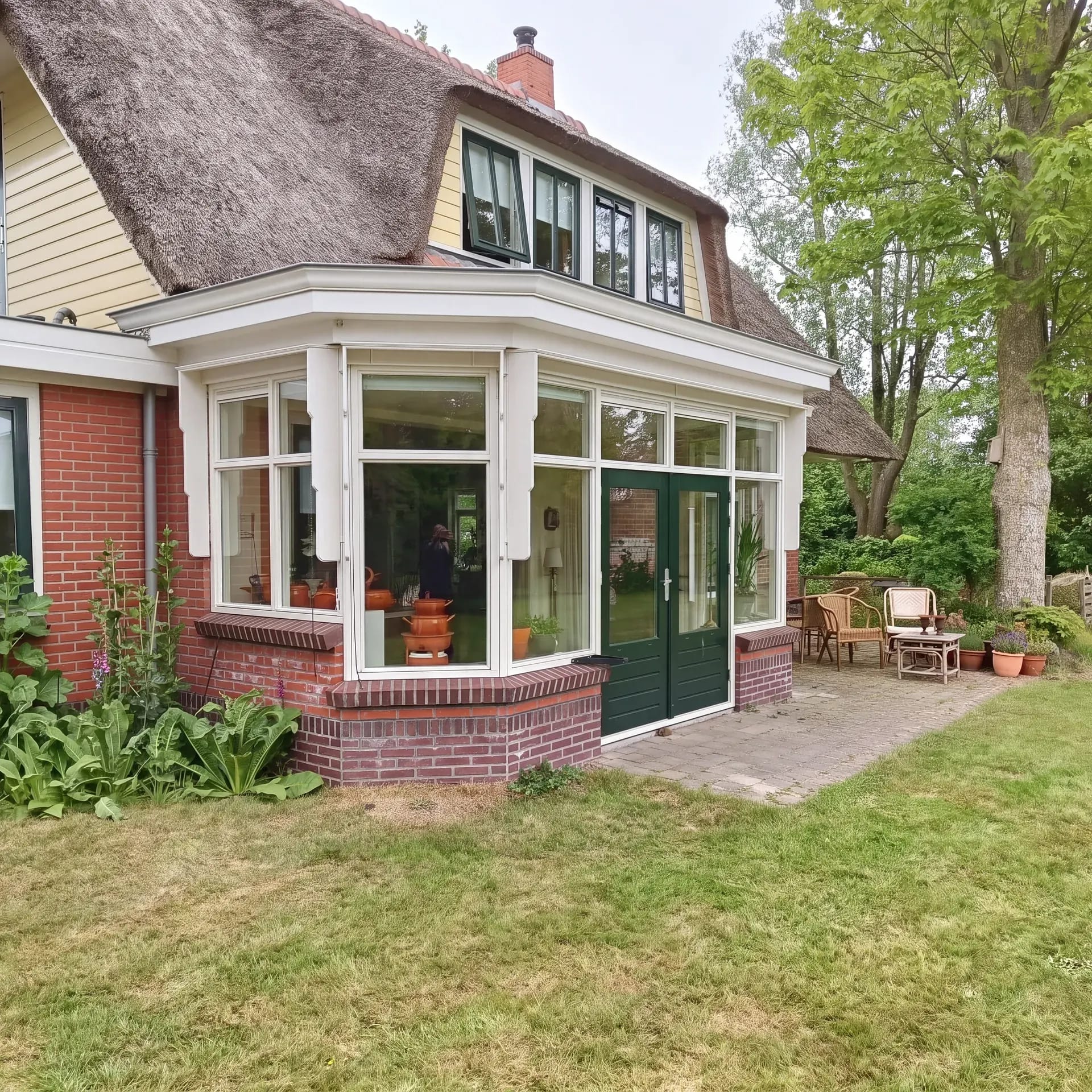 Rietgedekte woning met een erker zonder markiezen, vóór de montage.