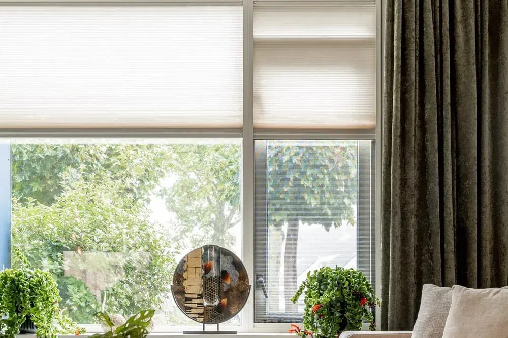 Plissé-horren voor de ramen van een woonkamer met planten in de vensterbank.