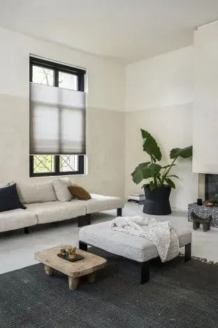Honingraatgordijn voor een hoog raam in een lichte woonkamer.