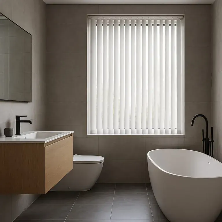 Witte verticale lamellen in een badkamer met vrijstaand bad.